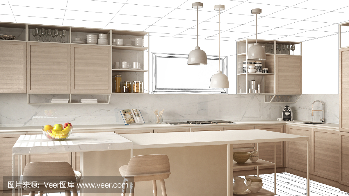 室內設計項目草案,工作在進行中的概念想法,真實的現(xiàn)代白色和木制廚房在草圖的背景,建筑師設計師項目桌面截圖